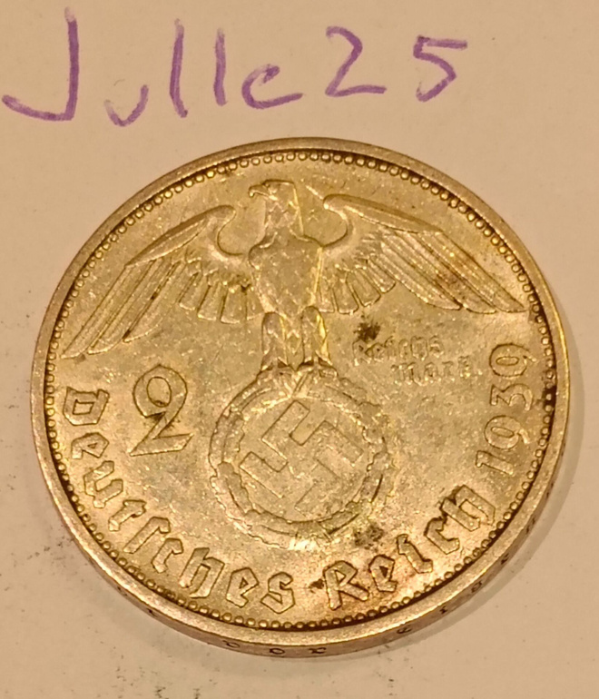 2 Reichsmark 1939 F natsisaksa hopeaa