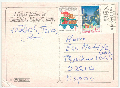 1989 joulupostimerkki kortti