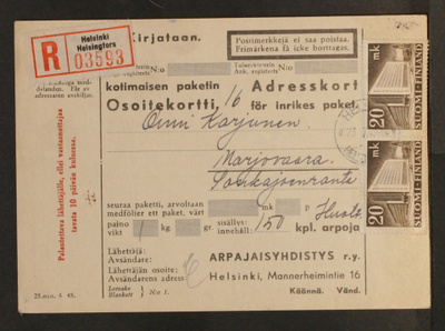 # 23687 # Osoitekortti R-Helsinki > Marjovaara - 1949