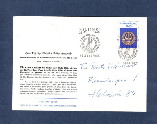Erikoisleimakuori...Ylioppilaskunnat.. Helsinki 25.11.1968