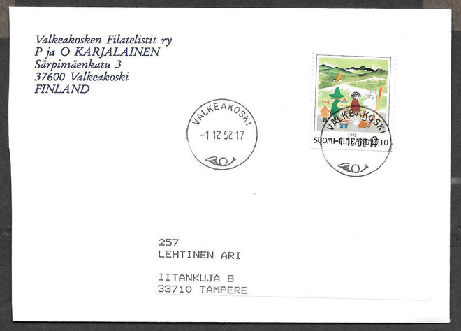 Postilähetys (LAPE 1187 ) Valkeakoski 1.12.1992