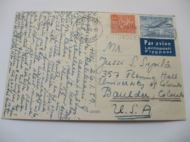 1959 Hlki lentopostikortti USAan