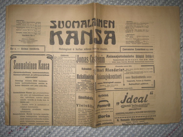 Sanomalehti  Suomalainen Kansa  9.1.1909