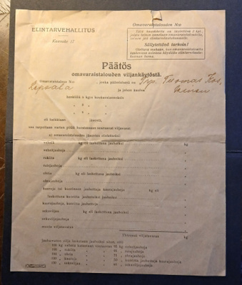 Päätös omavaraistalouden viljankäytöstä , Hartola , 1918