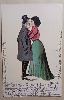 Pariskunta suuteloi julkisesti, vanha piirrospk, p. 1905