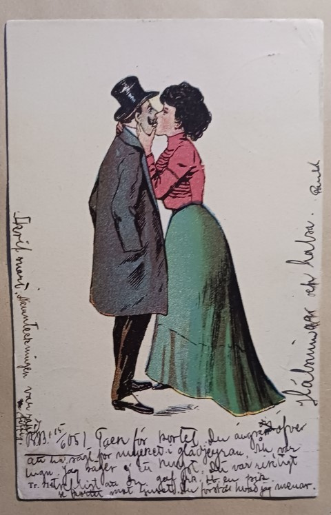 Pariskunta suuteloi julkisesti, vanha piirrospk, p. 1905