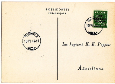 Postikortti Itä-Karjala Sot.Hallinto Nurmoila Leima 1944