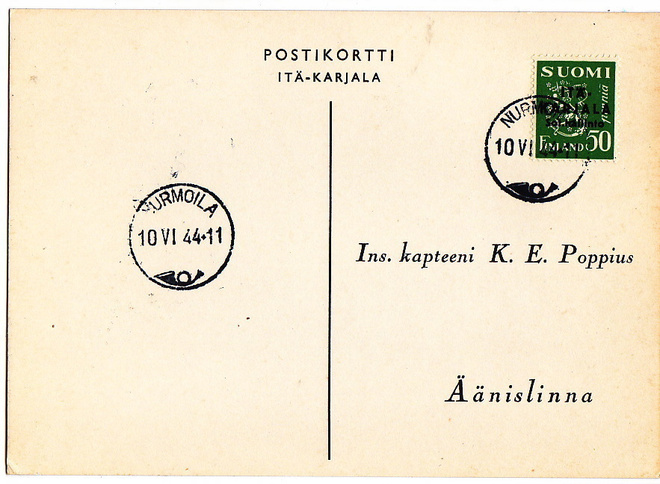 Postikortti Itä-Karjala Sot.Hallinto Nurmoila Leima 1944