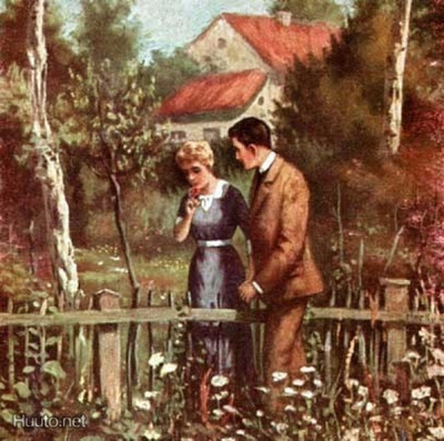 RAKKAUS / Rakastunut pari kävelee aidan vierellä. 1910-l.