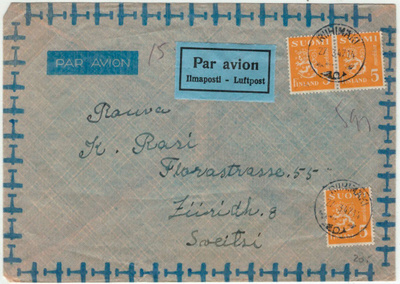 M30 1946 5mk keltainen 3 kpl lentokirje Sveitsiin -47