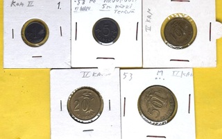 SUOMI 1953 kaikki kolikot 1 5 10 20 ja 50 markkaa suojakeh.