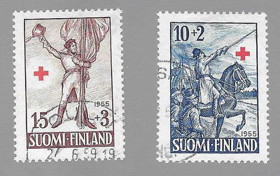1955 pr 10+2 mk ja 15+3 mk leimattuina liimakkeilla