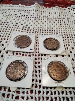 Ulkomaiset kolikot 10 p 4 kpl 1876-1908