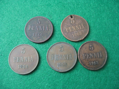 5 kpl 5 penniä - 1866-1913