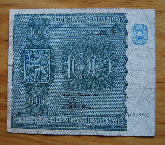 Sota-ajan seteli 100 markkaa 1945 Suomen pankki