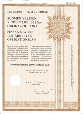 SUOMEN VALTION v. 1980 II 11% OBLIGAATIOLAINA 5000 mk