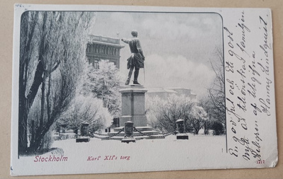 Stockholm, Karl' XII's torg, talvikuva, p. 1902 Englantiin