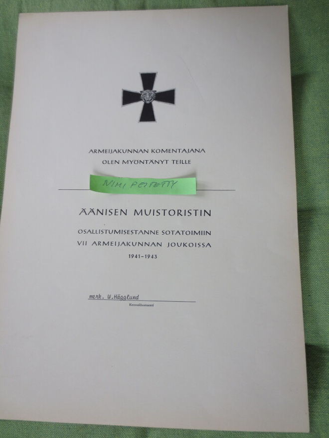 Äänisen Ristin  Myöntökirja