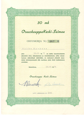 OKK osakekirja Osuuskauppa Keski-Saimaa 1975 Savonlinna
