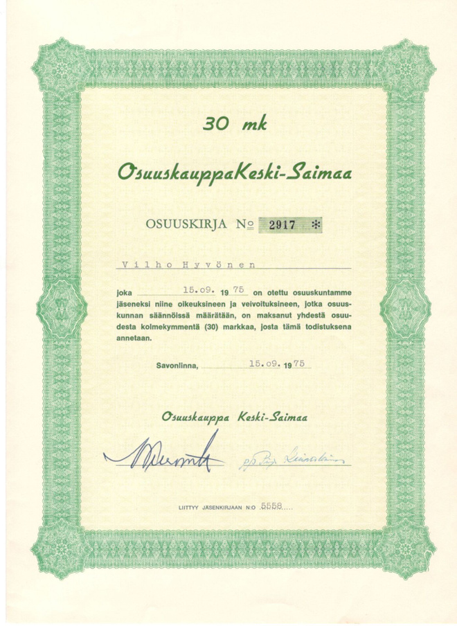 OKK osakekirja Osuuskauppa Keski-Saimaa 1975 Savonlinna
