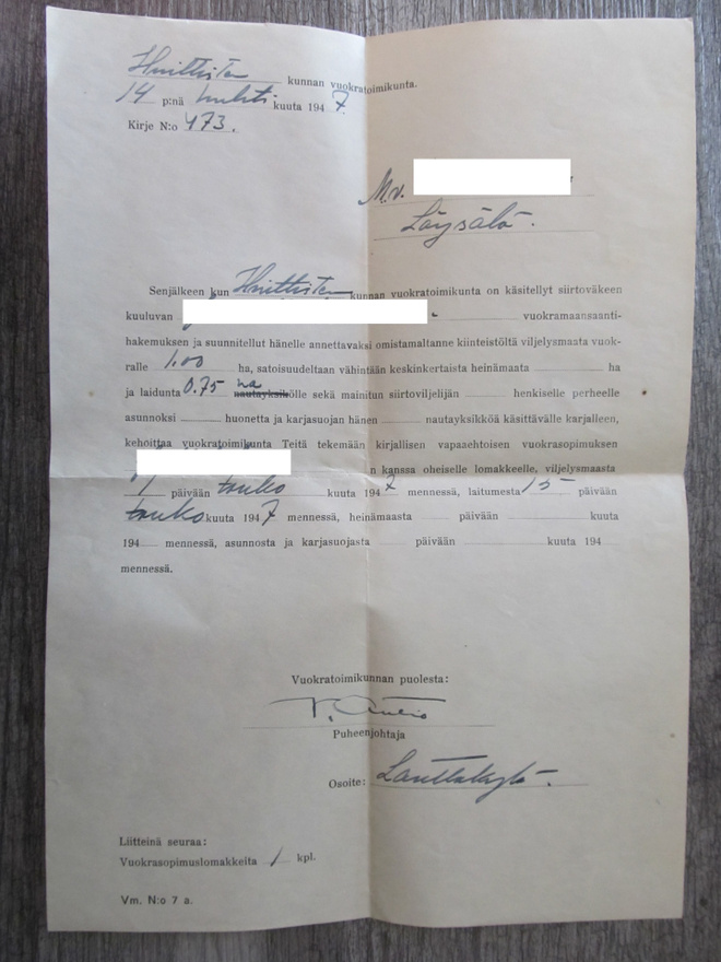 HUITTINEN.....pakkovuokrausilmoitus v. 1947.