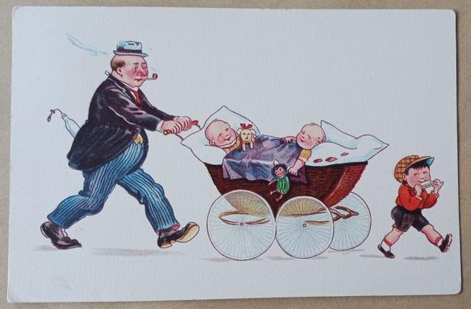 Isä hoitaa lapsia ja ulkoiluttaa kaksosia, p. 1925