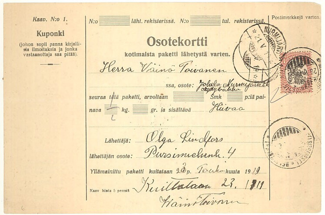1917 1mk yksin pakettikortti