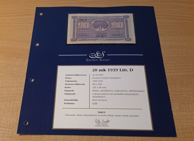 20 Markkaa 1939 Litt D / C 5518815 Jut - Asp KL 6