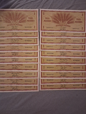 27 kpl 1mk seteleitä 1963, kunto UNC