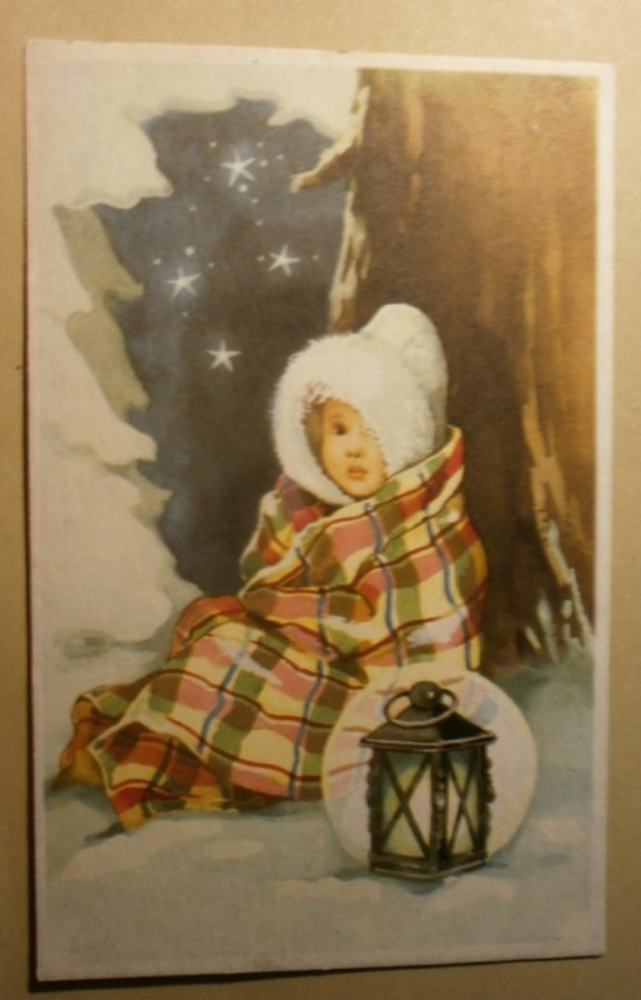Tyttö hangessa kuusen alla, rivileima Hiltelä