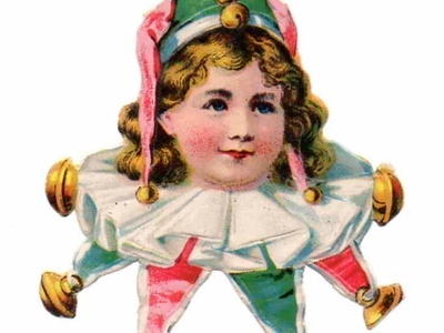 WANHA / Sirkusasuisen lapsen kasvot ja kulkuskaulus. 1900-l.