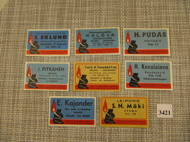 Tulitikkuetikettejä 8 kpl .mm.Leipomo S.N.Mäki Sysmä.