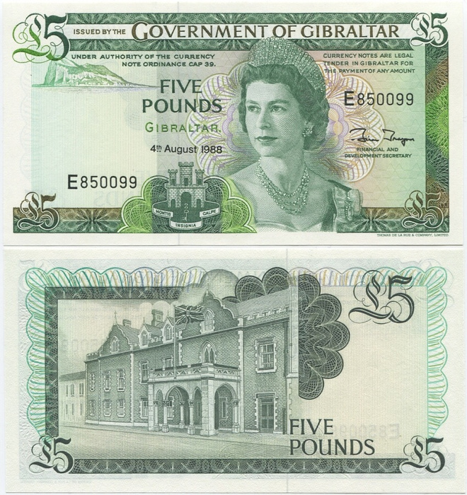 Gibraltar 5 Pounds v.1988 (P-21b) UNC QEII