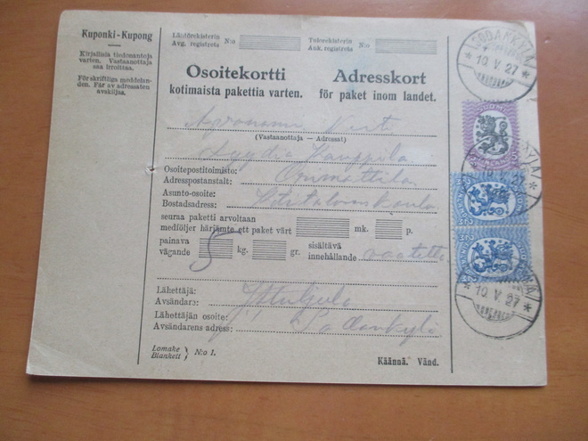 1927 Sodankylä pakettikortti