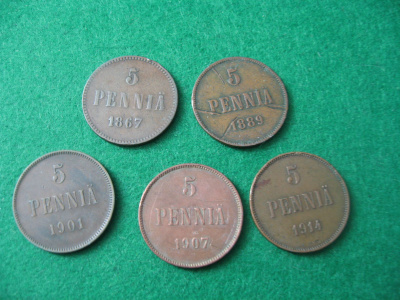 5 kpl 5 penniä - 1867-1914