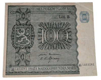 100 Markkaa 1945 Litt. B AG5463281 kl 3/4