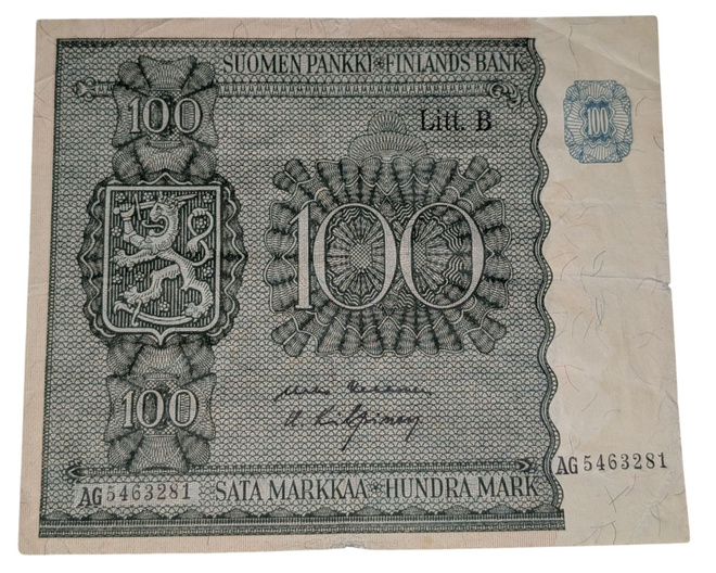 100 Markkaa 1945 Litt. B AG5463281 kl 3/4