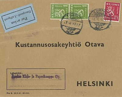 M30 1947 painotuote lentopostitse Torniosta Helsinkiin