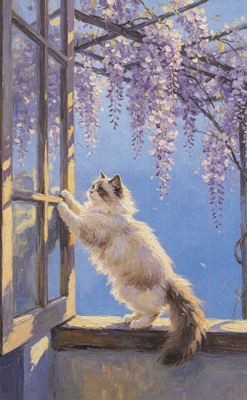 Kissa ikkunalla, wisteria kukkii