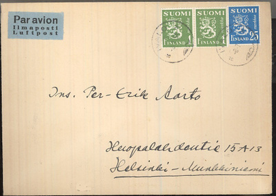 M30 1954 lentokirje IVALOsta HELSINKIin