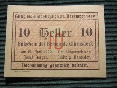 10 heller 1920.Wûrnsdorf. Itävalta-Austria. Hätäraha-Notgeld