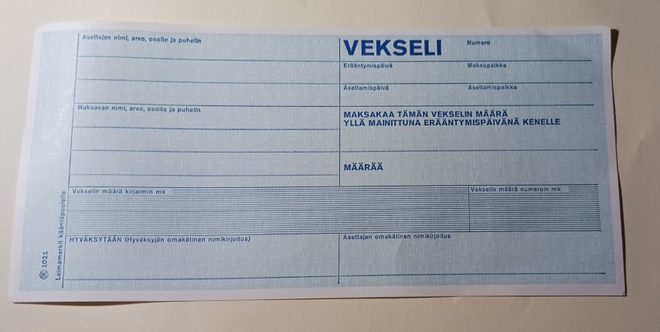 Vekselilomake, vanha, käyttämätön