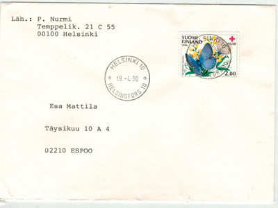1990 PR 2,00 mk loistoleimainen kirje