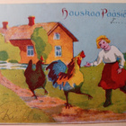 Tyttö ruokki kanoja pihassa, vanha Pääsiäispk, p. 1939 - pikkukuva 1