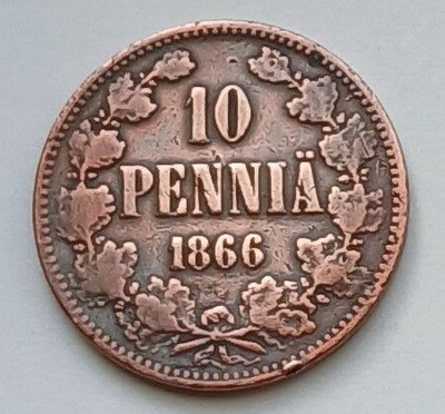Aleksanteri II, kupari 10 penniä vuodelta 1866.