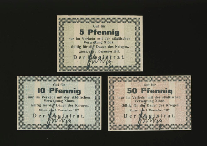 Saksa Notgeld 5, 10, 50 Pfg, Xions 1.12.1917