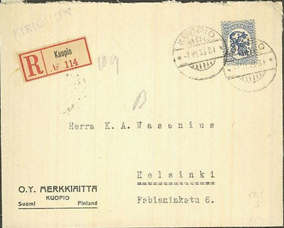 Merkkiaitta Kuopio - firmakuori R-kirje 1923 Hkiin