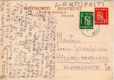 M30 1955 lentokortti (ehiö) Meltauksesta Helsinkiin