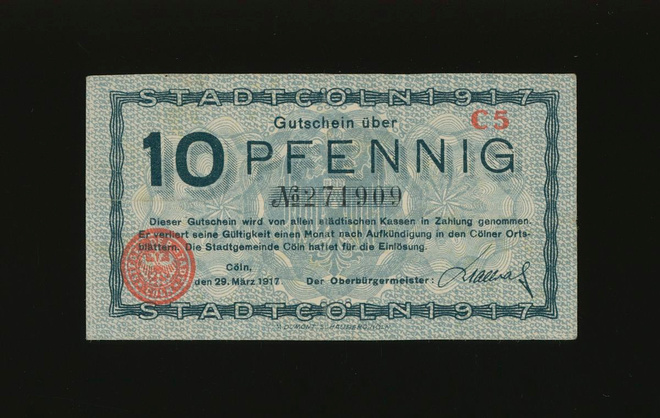 Saksa Notgeld 10 Pfennig, Köln 29.3.1917 C5 VF