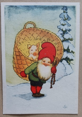 CSG: Pikkutonttu kantaa possua olkikorissa, p. 1956